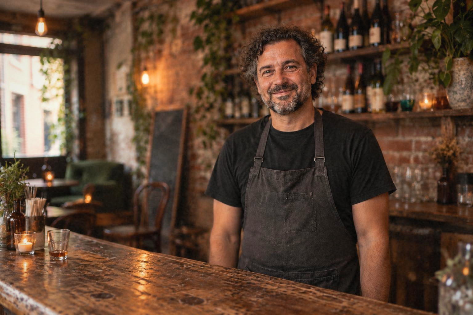 Illustrative portrait of a neighbourhood bar owner at his counter