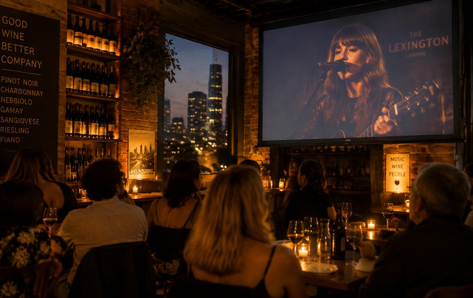 Guests in a Melbourne bar watching a live London performance together